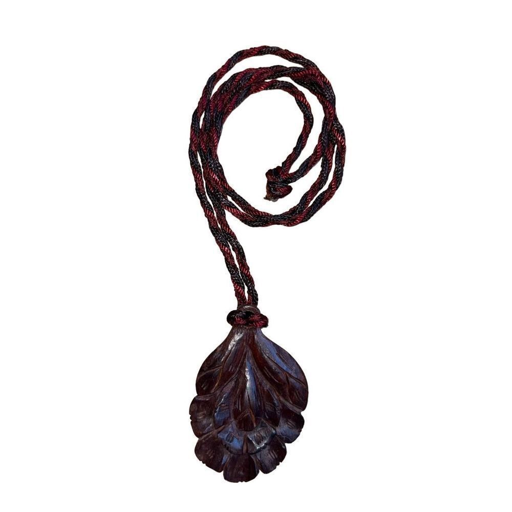 Vintage Made in India By Magda Hand Carved Wooden Floral Rope Necklace